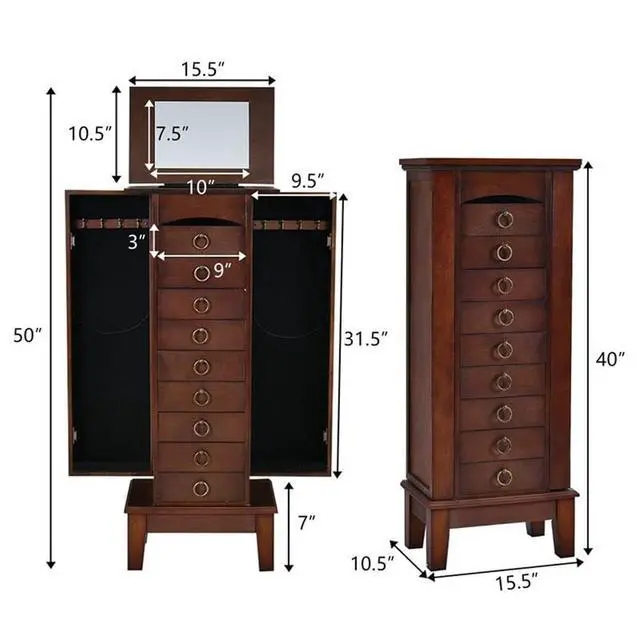 Alt view image 3 of 7 - Jewelry Cabinet, 40" Tall MDF and Glass Construction, Walnut Finish, 6 Drawers, Side Doors with Necklace Hooks, Partitioned Top with Mirror, Vintage Hardware, Bedroom or Dressing Room