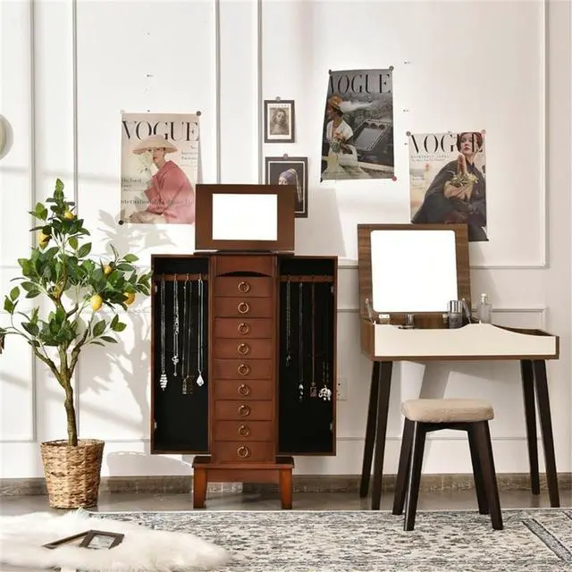Alt view image 2 of 7 - Jewelry Cabinet, 40" Tall MDF and Glass Construction, Walnut Finish, 6 Drawers, Side Doors with Necklace Hooks, Partitioned Top with Mirror, Vintage Hardware, Bedroom or Dressing Room