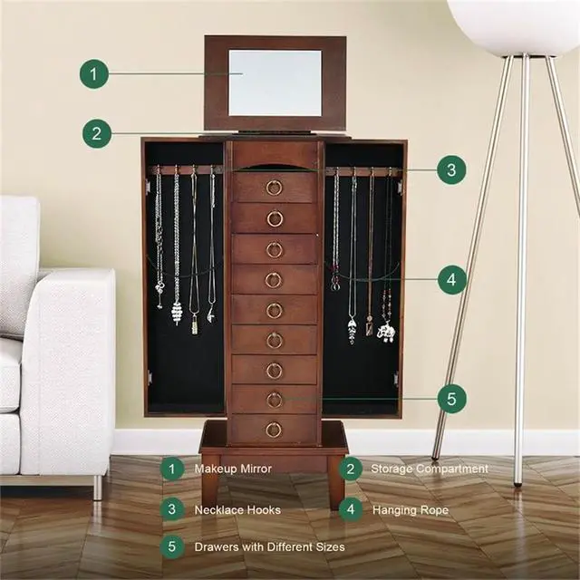Alt view image 4 of 7 - Jewelry Cabinet, 40" Tall MDF and Glass Construction, Walnut Finish, 6 Drawers, Side Doors with Necklace Hooks, Partitioned Top with Mirror, Vintage Hardware, Bedroom or Dressing Room