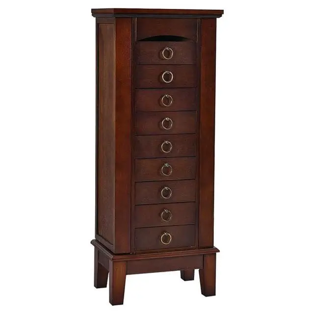 Alt view image 5 of 7 - Jewelry Cabinet, 40" Tall MDF and Glass Construction, Walnut Finish, 6 Drawers, Side Doors with Necklace Hooks, Partitioned Top with Mirror, Vintage Hardware, Bedroom or Dressing Room