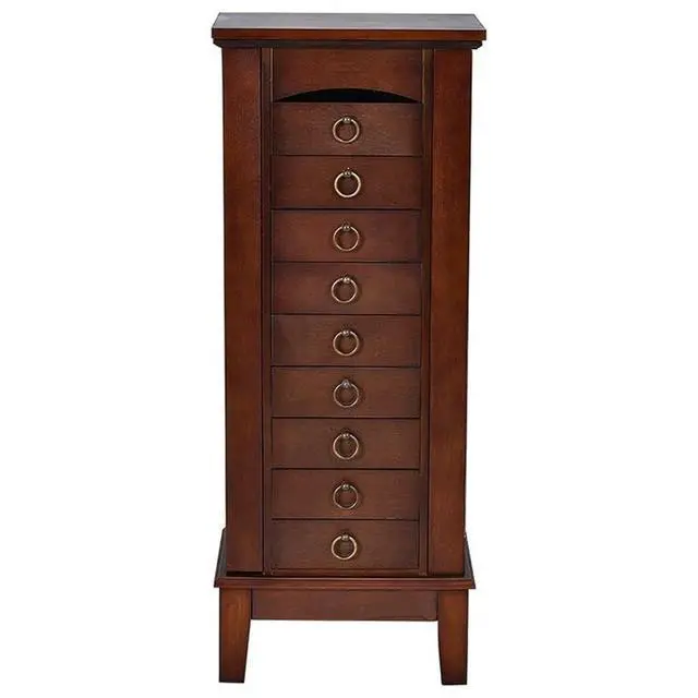 Alt view image 6 of 7 - Jewelry Cabinet, 40" Tall MDF and Glass Construction, Walnut Finish, 6 Drawers, Side Doors with Necklace Hooks, Partitioned Top with Mirror, Vintage Hardware, Bedroom or Dressing Room