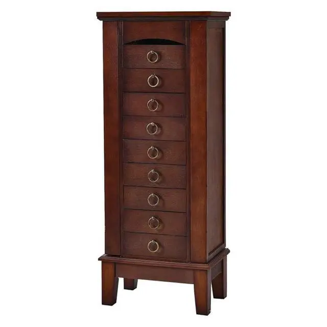 Alt view image 7 of 7 - Jewelry Cabinet, 40" Tall MDF and Glass Construction, Walnut Finish, 6 Drawers, Side Doors with Necklace Hooks, Partitioned Top with Mirror, Vintage Hardware, Bedroom or Dressing Room