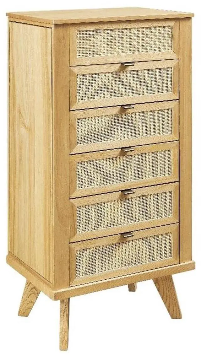 Main image of 5-Drawer Wood Jewelry Armoire, Natural Brown Finish, Cane Inlay, Flip Top with Vanity Mirror, Hidden Storage, Hooks and Ring Tray, 41" H Freestanding Organizer for Bedroom or Closet