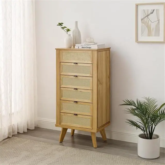 Alt view image 2 of 7 - 5-Drawer Wood Jewelry Armoire, Natural Brown Finish, Cane Inlay, Flip Top with Vanity Mirror, Hidden Storage, Hooks and Ring Tray, 41" H Freestanding Organizer for Bedroom or Closet