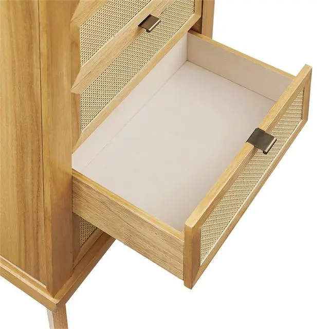 Alt view image 3 of 7 - 5-Drawer Wood Jewelry Armoire, Natural Brown Finish, Cane Inlay, Flip Top with Vanity Mirror, Hidden Storage, Hooks and Ring Tray, 41" H Freestanding Organizer for Bedroom or Closet