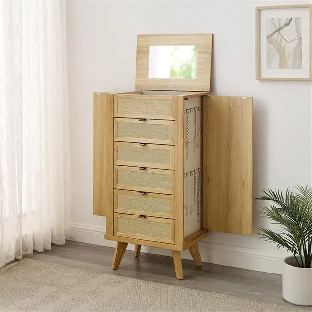 Alt view image 4 of 7 - 5-Drawer Wood Jewelry Armoire, Natural Brown Finish, Cane Inlay, Flip Top with Vanity Mirror, Hidden Storage, Hooks and Ring Tray, 41" H Freestanding Organizer for Bedroom or Closet