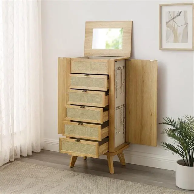 Alt view image 5 of 7 - 5-Drawer Wood Jewelry Armoire, Natural Brown Finish, Cane Inlay, Flip Top with Vanity Mirror, Hidden Storage, Hooks and Ring Tray, 41" H Freestanding Organizer for Bedroom or Closet