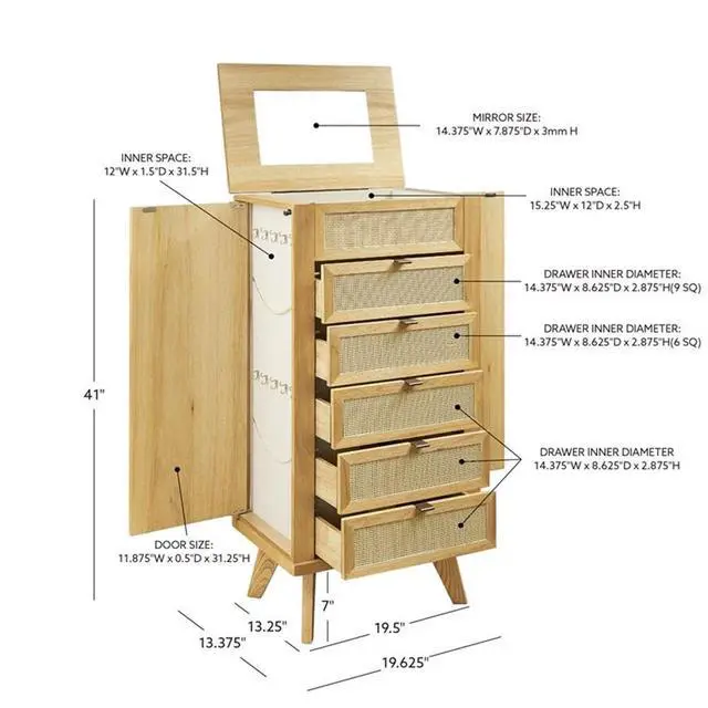 Alt view image 6 of 7 - 5-Drawer Wood Jewelry Armoire, Natural Brown Finish, Cane Inlay, Flip Top with Vanity Mirror, Hidden Storage, Hooks and Ring Tray, 41" H Freestanding Organizer for Bedroom or Closet