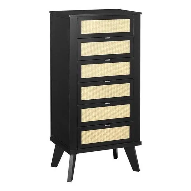 Main image of Jewelry Armoire, Black Painted Wood, 5 Drawers with Cane Front Panels, Felt-Lined Storage, Side Hooks for Accessories, Top Mirror Compartment, Compact Design, 19.63" W x 13.38" D x 41" H