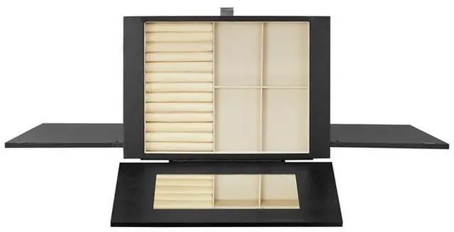 Alt view image 3 of 7 - Jewelry Armoire, Black Painted Wood, 5 Drawers with Cane Front Panels, Felt-Lined Storage, Side Hooks for Accessories, Top Mirror Compartment, Compact Design, 19.63" W x 13.38" D x 41" H