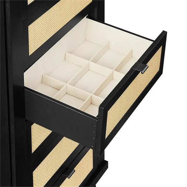 Alt view image 4 of 7 - Jewelry Armoire, Black Painted Wood, 5 Drawers with Cane Front Panels, Felt-Lined Storage, Side Hooks for Accessories, Top Mirror Compartment, Compact Design, 19.63" W x 13.38" D x 41" H