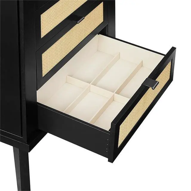 Alt view image 5 of 7 - Jewelry Armoire, Black Painted Wood, 5 Drawers with Cane Front Panels, Felt-Lined Storage, Side Hooks for Accessories, Top Mirror Compartment, Compact Design, 19.63" W x 13.38" D x 41" H