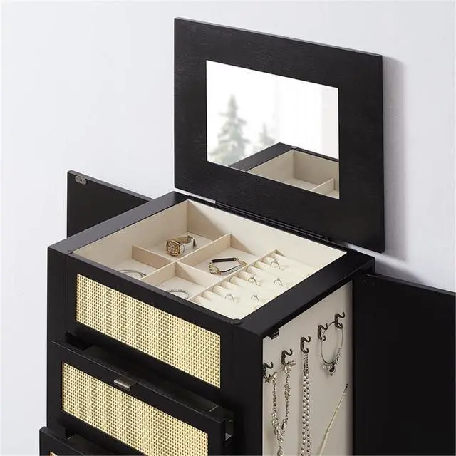 Alt view image 7 of 7 - Jewelry Armoire, Black Painted Wood, 5 Drawers with Cane Front Panels, Felt-Lined Storage, Side Hooks for Accessories, Top Mirror Compartment, Compact Design, 19.63" W x 13.38" D x 41" H