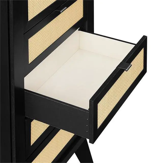 Alt view image 6 of 7 - Jewelry Armoire, Black Painted Wood, 5 Drawers with Cane Front Panels, Felt-Lined Storage, Side Hooks for Accessories, Top Mirror Compartment, Compact Design, 19.63" W x 13.38" D x 41" H
