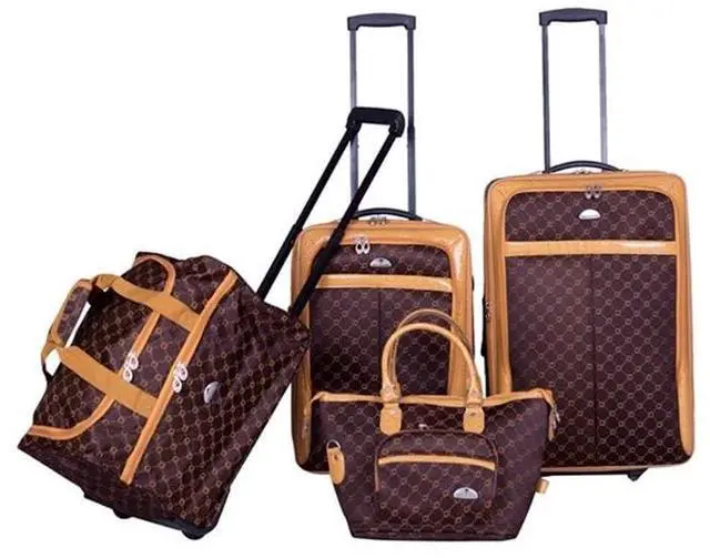 Main image of 4-Piece Luggage Set, Traditional Polyester, Chocolate Finish, Medium and Carry-On Rolling Uprights, Wheeled Duffel, Cosmetic Satchel, Telescoping Handles, Expandable Travel Bags with