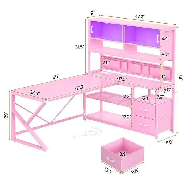 Alt view image 2 of 7 - L Shaped Gaming Desk, Home Office Computer Desk with 2 Drawer and Bookshelf, L Shaped Gaming Desk with LED Light, Glass Cabinet and Storage Bag, Corner Desk with Storage Shelves, Pink