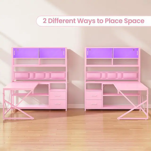 Alt view image 3 of 7 - L Shaped Gaming Desk, Home Office Computer Desk with 2 Drawer and Bookshelf, L Shaped Gaming Desk with LED Light, Glass Cabinet and Storage Bag, Corner Desk with Storage Shelves, Pink