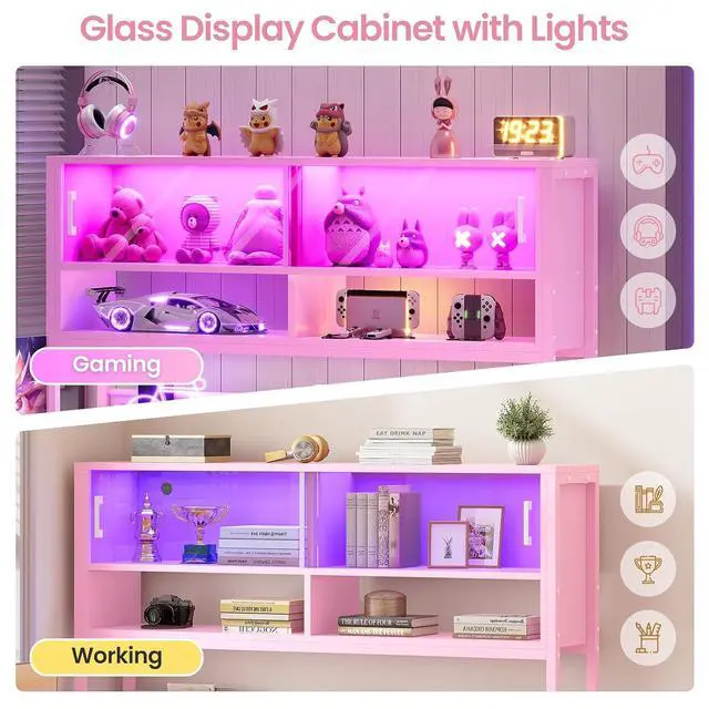 Alt view image 5 of 7 - L Shaped Gaming Desk, Home Office Computer Desk with 2 Drawer and Bookshelf, L Shaped Gaming Desk with LED Light, Glass Cabinet and Storage Bag, Corner Desk with Storage Shelves, Pink