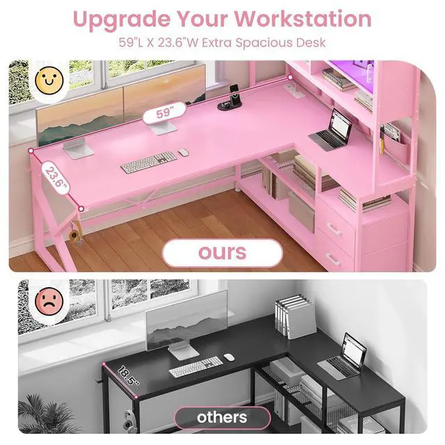 Alt view image 4 of 7 - L Shaped Gaming Desk, Home Office Computer Desk with 2 Drawer and Bookshelf, L Shaped Gaming Desk with LED Light, Glass Cabinet and Storage Bag, Corner Desk with Storage Shelves, Pink