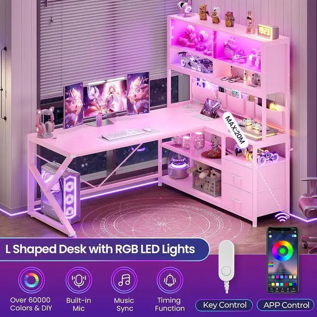 Alt view image 6 of 7 - L Shaped Gaming Desk, Home Office Computer Desk with 2 Drawer and Bookshelf, L Shaped Gaming Desk with LED Light, Glass Cabinet and Storage Bag, Corner Desk with Storage Shelves, Pink