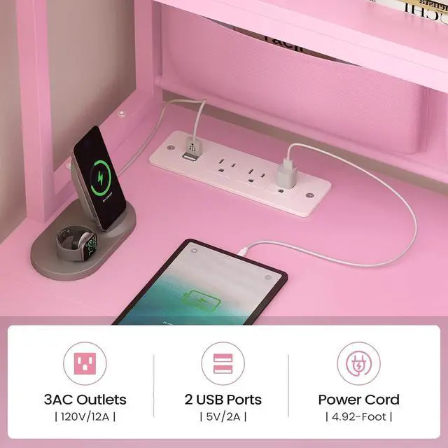 Alt view image 7 of 7 - L Shaped Gaming Desk, Home Office Computer Desk with 2 Drawer and Bookshelf, L Shaped Gaming Desk with LED Light, Glass Cabinet and Storage Bag, Corner Desk with Storage Shelves, Pink