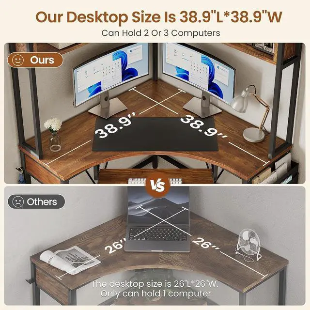 Alt view image 4 of 7 - Corner Desk, 39" W x 62" H Small Office Desk with Hutch & LED Lights, Triangle Gaming Computer Desk with Keyboard Tray, Storage Bag, and Headphone Hook for Small Space, Rustic Brown