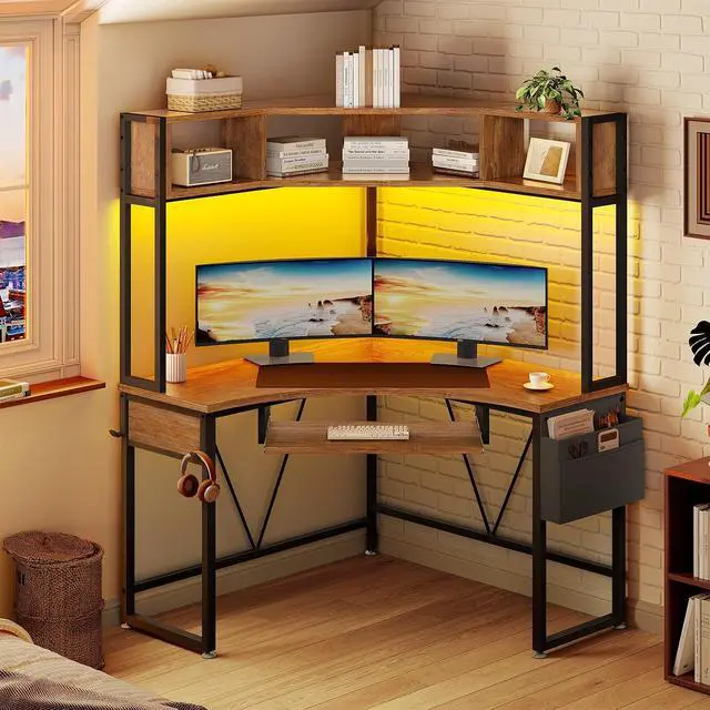 Alt view image 7 of 7 - Corner Desk, 39" W x 62" H Small Office Desk with Hutch & LED Lights, Triangle Gaming Computer Desk with Keyboard Tray, Storage Bag, and Headphone Hook for Small Space, Rustic Brown