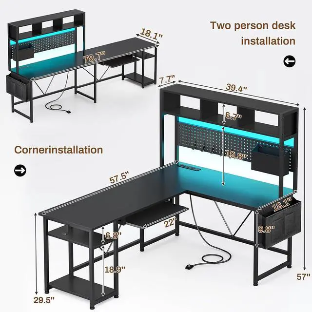 Alt view image 3 of 7 - L Shaped Gaming Desk with Hutch, 57.5 Reversible Corner Computer Desk with Storage Shelves, Gaming Desk with Pegboard, LED Lights, Power Outlet, Keyboard Tray and Storage Bag, Black