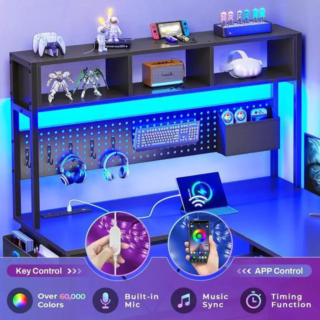 Alt view image 4 of 7 - L Shaped Gaming Desk with Hutch, 57.5 Reversible Corner Computer Desk with Storage Shelves, Gaming Desk with Pegboard, LED Lights, Power Outlet, Keyboard Tray and Storage Bag, Black