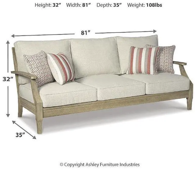 Alt view image 2 of 6 - Clare View Outdoor Patio Sofa, 4 Throw Pillows, Nuvella Weather Resistant Fabric, Eucalyptus Wood, 81" W x 35" D x 32" H, Beige