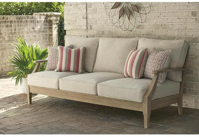 Main image of Clare View Outdoor Patio Sofa, 4 Throw Pillows, Nuvella Weather Resistant Fabric, Eucalyptus Wood, 81" W x 35" D x 32" H, Beige