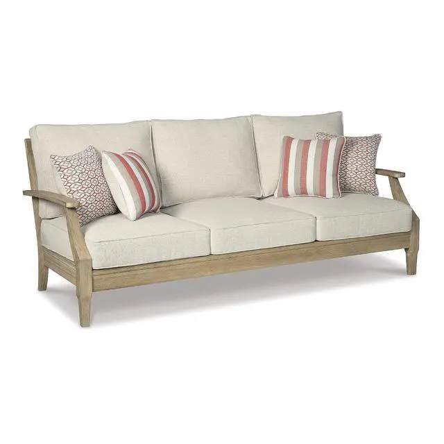 Alt view image 3 of 6 - Clare View Outdoor Patio Sofa, 4 Throw Pillows, Nuvella Weather Resistant Fabric, Eucalyptus Wood, 81" W x 35" D x 32" H, Beige
