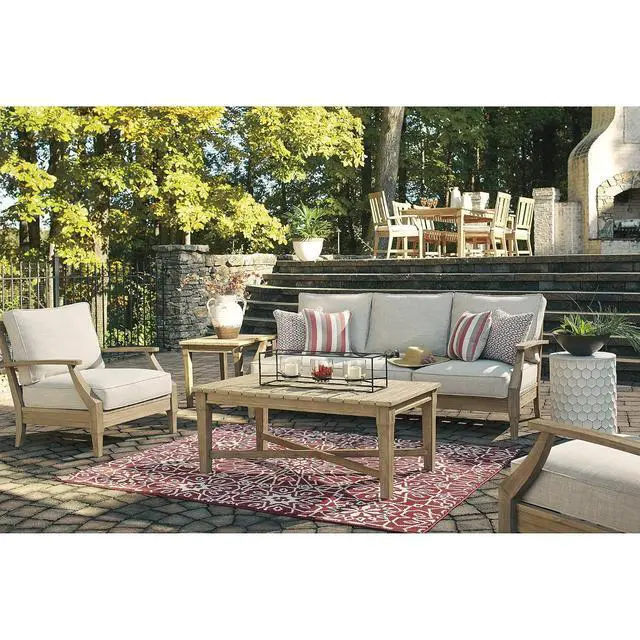 Alt view image 4 of 6 - Clare View Outdoor Patio Sofa, 4 Throw Pillows, Nuvella Weather Resistant Fabric, Eucalyptus Wood, 81" W x 35" D x 32" H, Beige