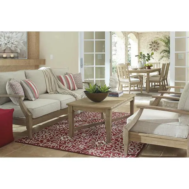 Alt view image 6 of 6 - Clare View Outdoor Patio Sofa, 4 Throw Pillows, Nuvella Weather Resistant Fabric, Eucalyptus Wood, 81" W x 35" D x 32" H, Beige