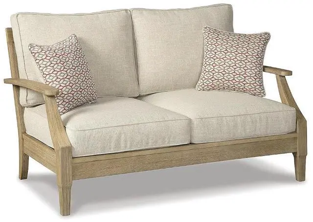 Alt view image 3 of 7 - Clare View Eucalyptus Wood Outdoor Loveseat, Patio Couch with Nuvella Cushions, 56" W x 35" D x 32" H, Beige