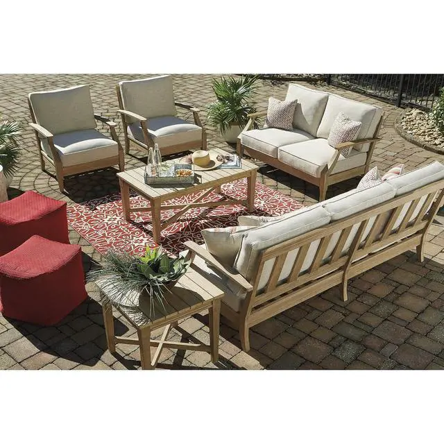 Alt view image 5 of 6 - Clare View Outdoor Patio Sofa, 4 Throw Pillows, Nuvella Weather Resistant Fabric, Eucalyptus Wood, 81" W x 35" D x 32" H, Beige