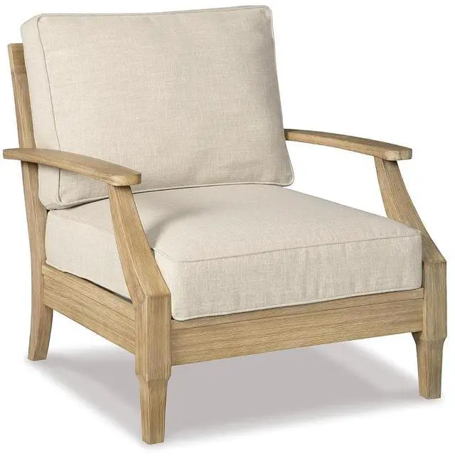 Main image of Signature Design by Ashley Clare View Outdoor Lounge Chair, All-weather Foam Cushion, Protective Finish, Eucalyptus Wood , 30" W x 35" D x 32" H, Beige
