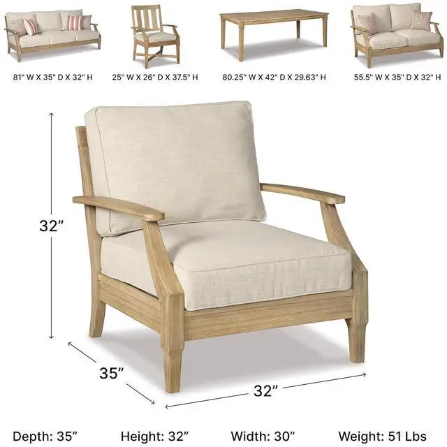 Alt view image 3 of 7 - Signature Design by Ashley Clare View Outdoor Lounge Chair, All-weather Foam Cushion, Protective Finish, Eucalyptus Wood , 30" W x 35" D x 32" H, Beige