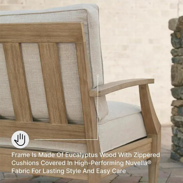 Alt view image 6 of 7 - Signature Design by Ashley Clare View Outdoor Lounge Chair, All-weather Foam Cushion, Protective Finish, Eucalyptus Wood , 30" W x 35" D x 32" H, Beige