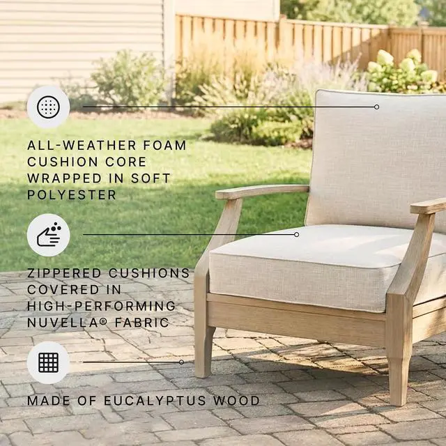 Alt view image 5 of 7 - Signature Design by Ashley Clare View Outdoor Lounge Chair, All-weather Foam Cushion, Protective Finish, Eucalyptus Wood , 30" W x 35" D x 32" H, Beige