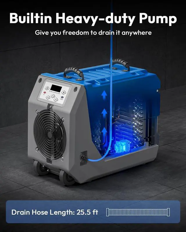 Alt view image 4 of 6 - 180 Pints Commercial Dehumidifier for Crawl Spaces & Basements with Pump & Drain Hose, Industrial Grade Water Damage Restoration for up to 7,500 sq ft, Auto Defrost, Memory, Blue