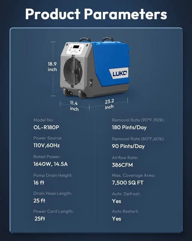 Alt view image 6 of 6 - 180 Pints Commercial Dehumidifier for Crawl Spaces & Basements with Pump & Drain Hose, Industrial Grade Water Damage Restoration for up to 7,500 sq ft, Auto Defrost, Memory, Blue