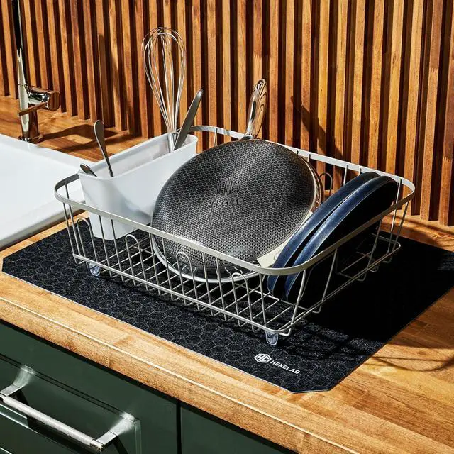 Alt view image 2 of 6 - 2-Piece Dish Drying Mat Set Made of Absorbent Fabric that Holds up to 8oz of Liquid, Ultra-Thin Design for Fast Drying, Waterproof and Non-Slip Backing, Cut for a Universal Fit that Wont Fray