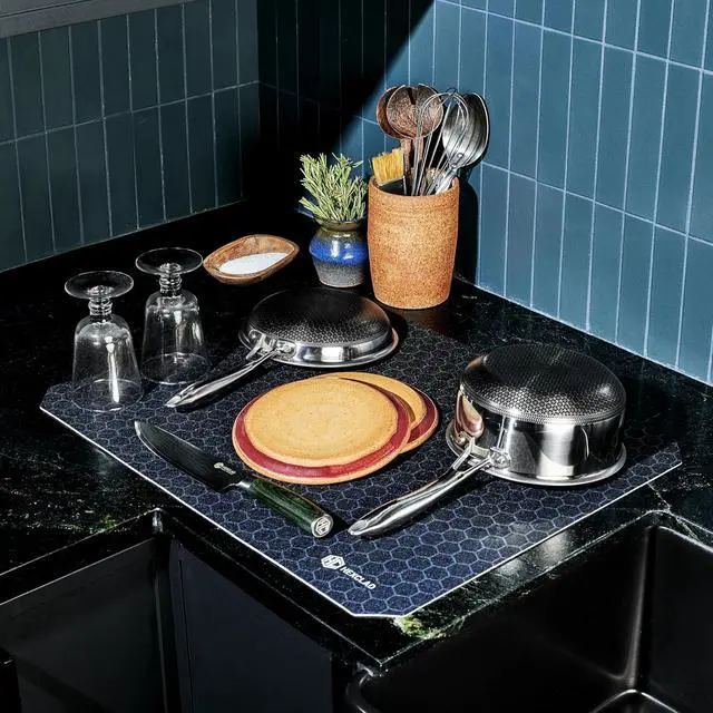 Alt view image 6 of 6 - 2-Piece Dish Drying Mat Set Made of Absorbent Fabric that Holds up to 8oz of Liquid, Ultra-Thin Design for Fast Drying, Waterproof and Non-Slip Backing, Cut for a Universal Fit that Wont Fray