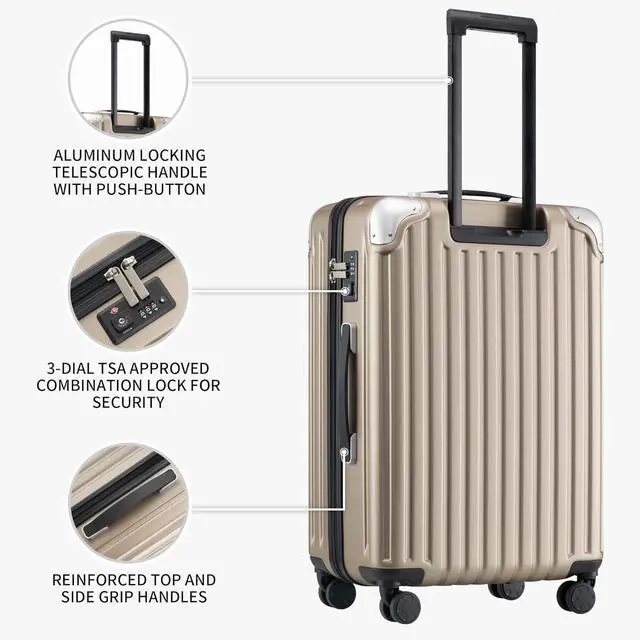 Alt view image 3 of 5 - LEVEL8 Grace Luggage Sets Hardshell Suitcase with Wheels, Sturdy Large Suitcase Tsa Lock 20 Inch Expandable Carry on 24 Inch 28 Inch Checked Luggage, 3-Piece Set (20/24/28), Champagne