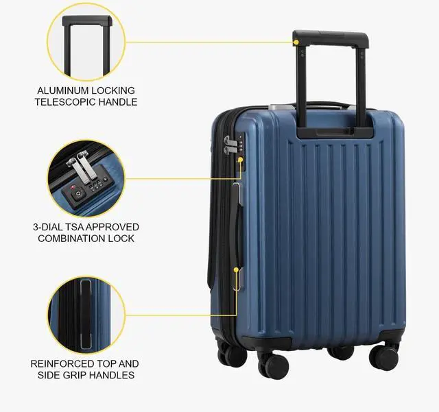 Alt view image 6 of 7 - LEVEL8 Grace Carry on Luggage 22x14x9 Airline Approved, 20 Inch Hard Shell Suitcases with Spinner Wheels, Abs+Pc Hard Case Luggages with Tsa Lock for Airplane, Blue