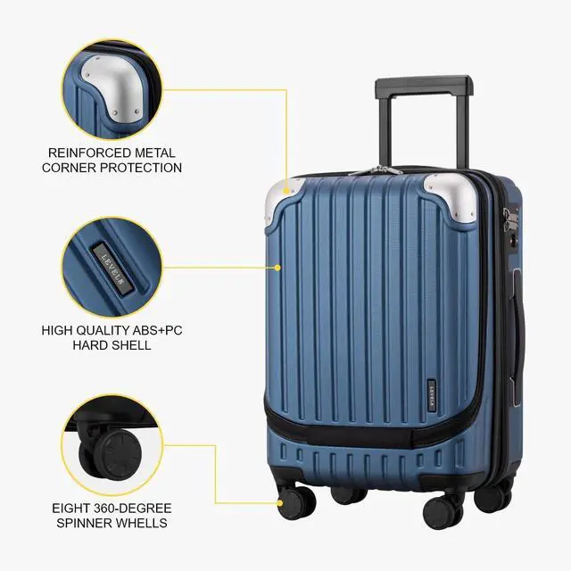 Alt view image 5 of 7 - LEVEL8 Grace Carry on Luggage 22x14x9 Airline Approved, 20 Inch Hard Shell Suitcases with Spinner Wheels, Abs+Pc Hard Case Luggages with Tsa Lock for Airplane, Blue