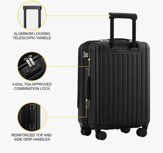 Alt view image 6 of 7 - LEVEL8 Grace Carry on Luggage, 20 Inch Hard Shell Suitcases with Spinner Wheels, Abs+Pc Hard Case Luggages with Tsa Lock, Black