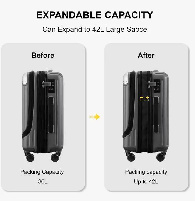 Alt view image 4 of 7 - LEVEL8 Grace Carry on Luggage, 20 Inch Expandable Hard Shell Suitcase with Wheels, Abs+Pc Harshell Spinner Luggages with Tsa Lock, Travel Bag for Women Men, Grey
