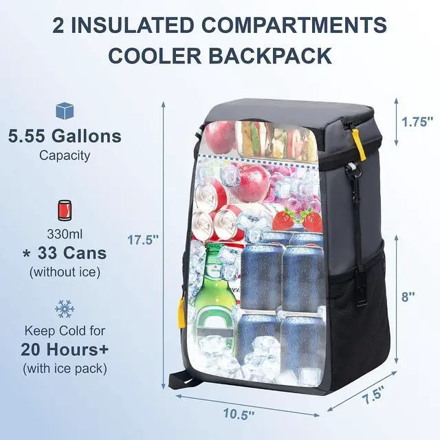 Alt view image 2 of 7 - SPARTER Backpack Cooler Insulated Leak Proof 33/49 Cans, 2 Insulated Compartments Thermal Bag, Portable Lightweight Beach Travel Camping Lunch Backpack for Men and Women